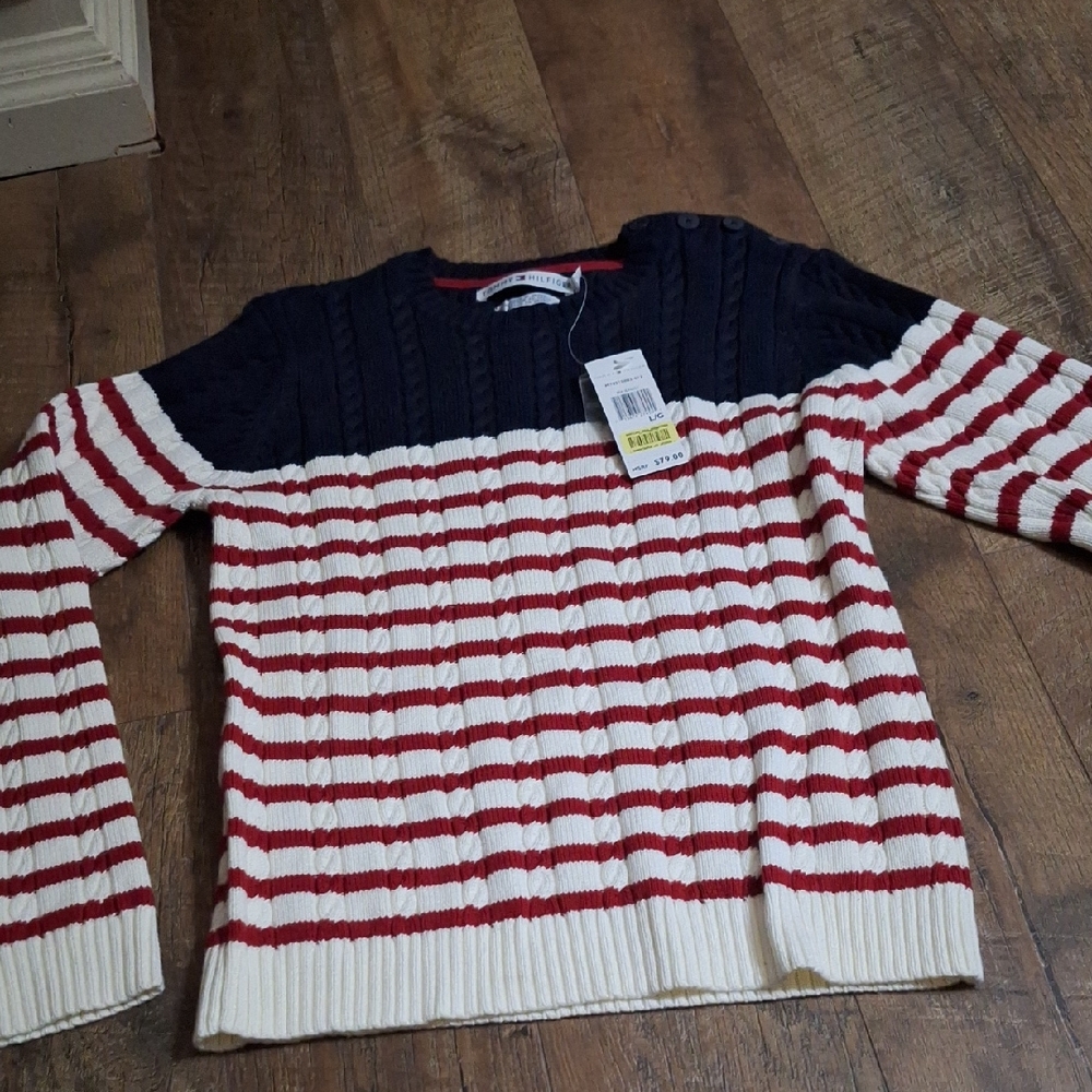 Tommy Hilfiger Navy and Red Striped Sweater
